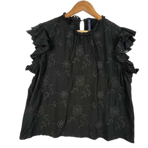 Luna Rae Tops - Luna Rae Black EMBROIDERED Floral FLUTTER SLEEVE Women's Blouse XL